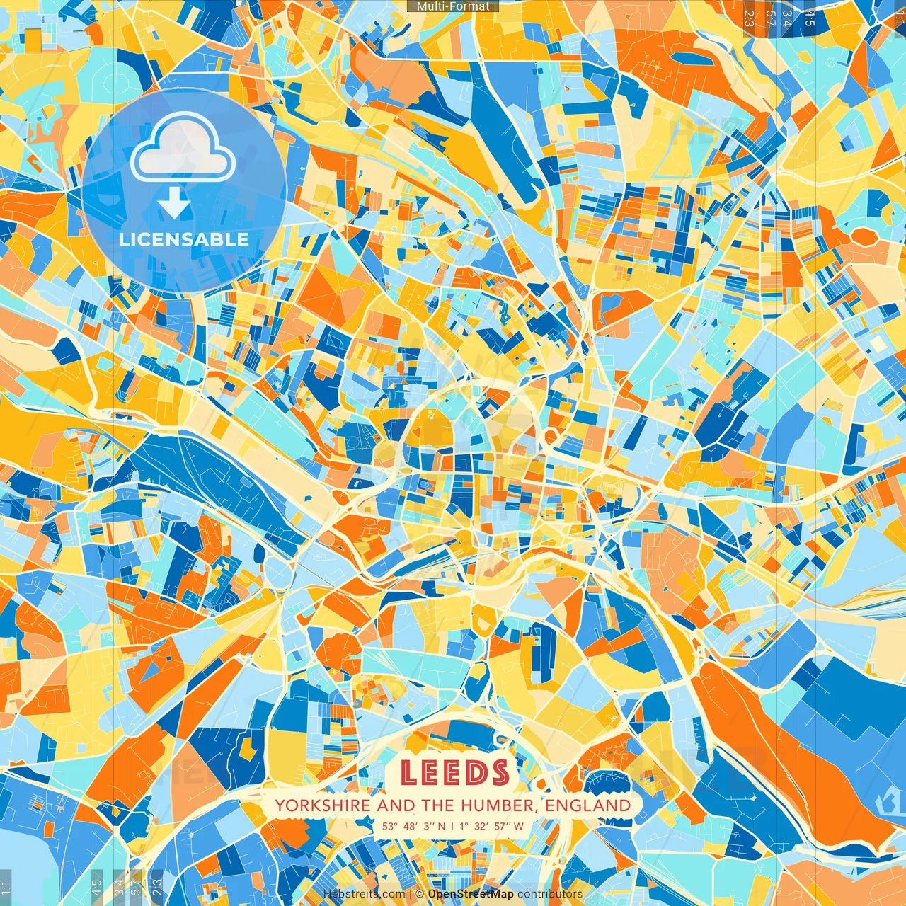 Leeds, Yorkshire and the Humber, England blue and orange vector art map template