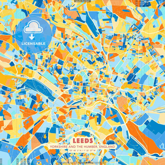 Leeds, Yorkshire and the Humber, England blue and orange vector art map template