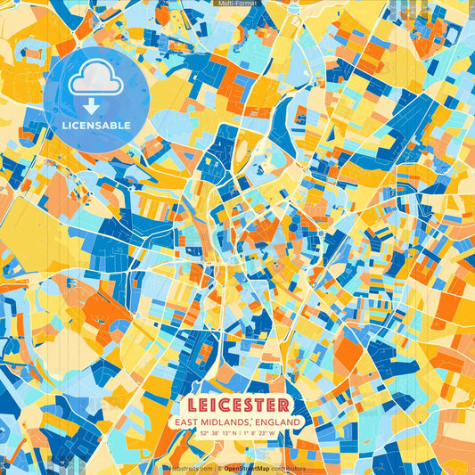 Leicester, East Midlands, England blue and orange vector art map template