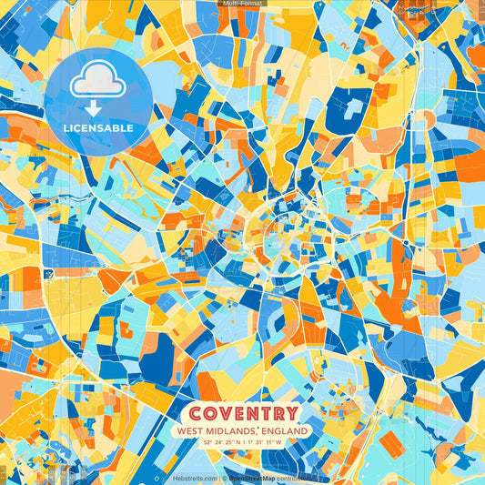 Coventry, West Midlands, England blue and orange vector art map template