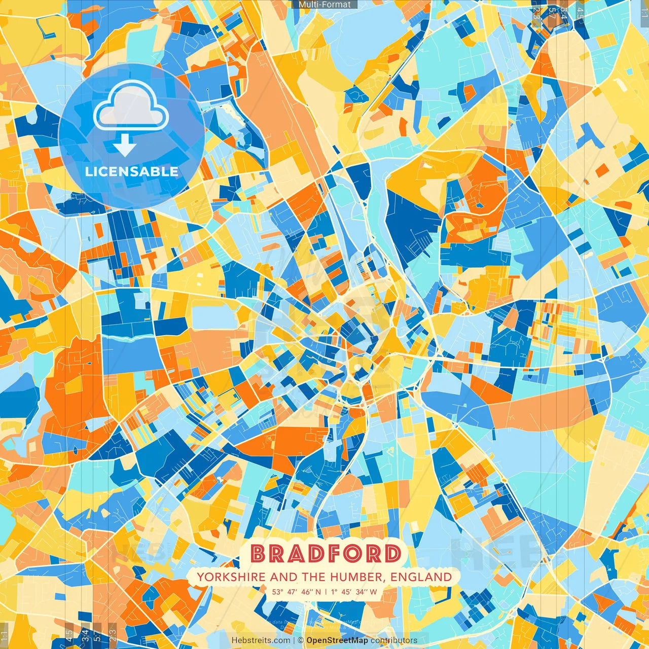 Bradford, Yorkshire and the Humber, England blue and orange vector art map template