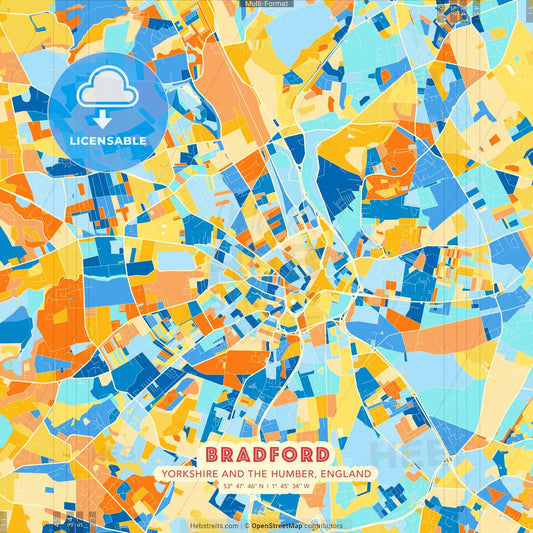 Bradford, Yorkshire and the Humber, England blue and orange vector art map template