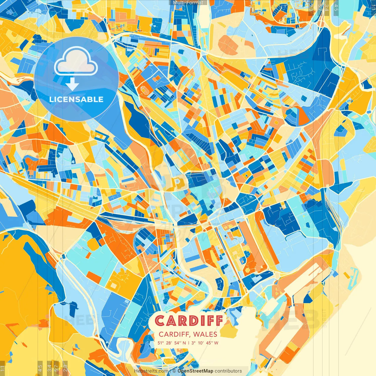 Cardiff, Cardiff, Wales blue and orange vector art map template