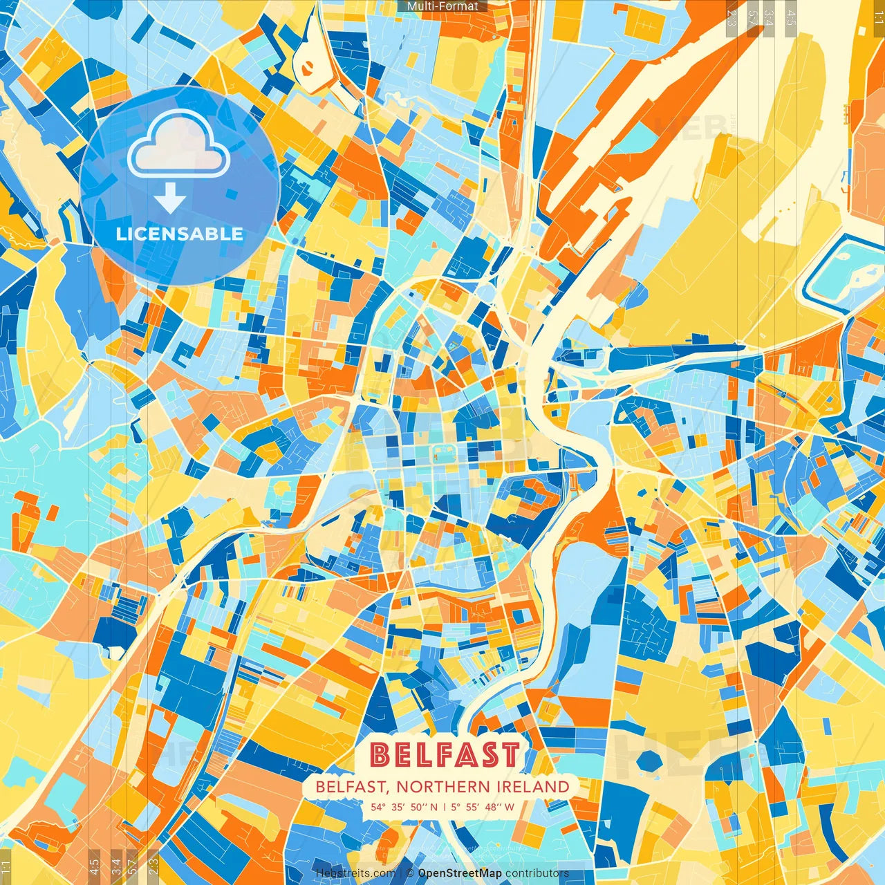 Belfast, Belfast, Northern Ireland blue and orange vector art map template