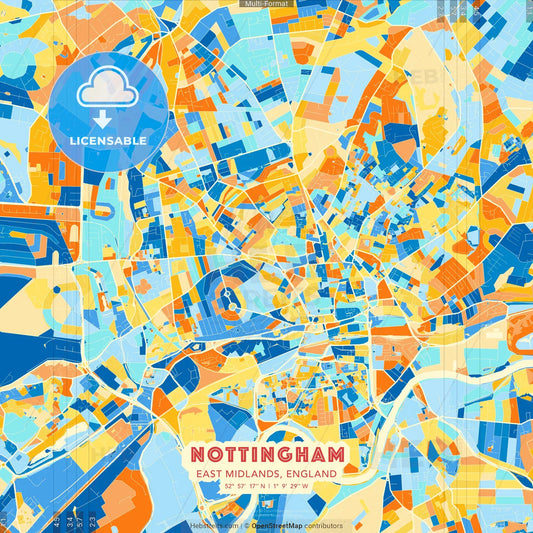 Nottingham, East Midlands, England blue and orange vector art map template