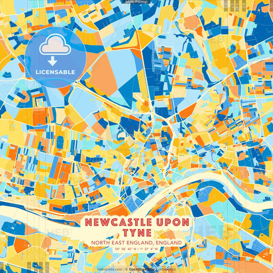 Newcastle upon Tyne, North East England, England blue and orange vector art map template