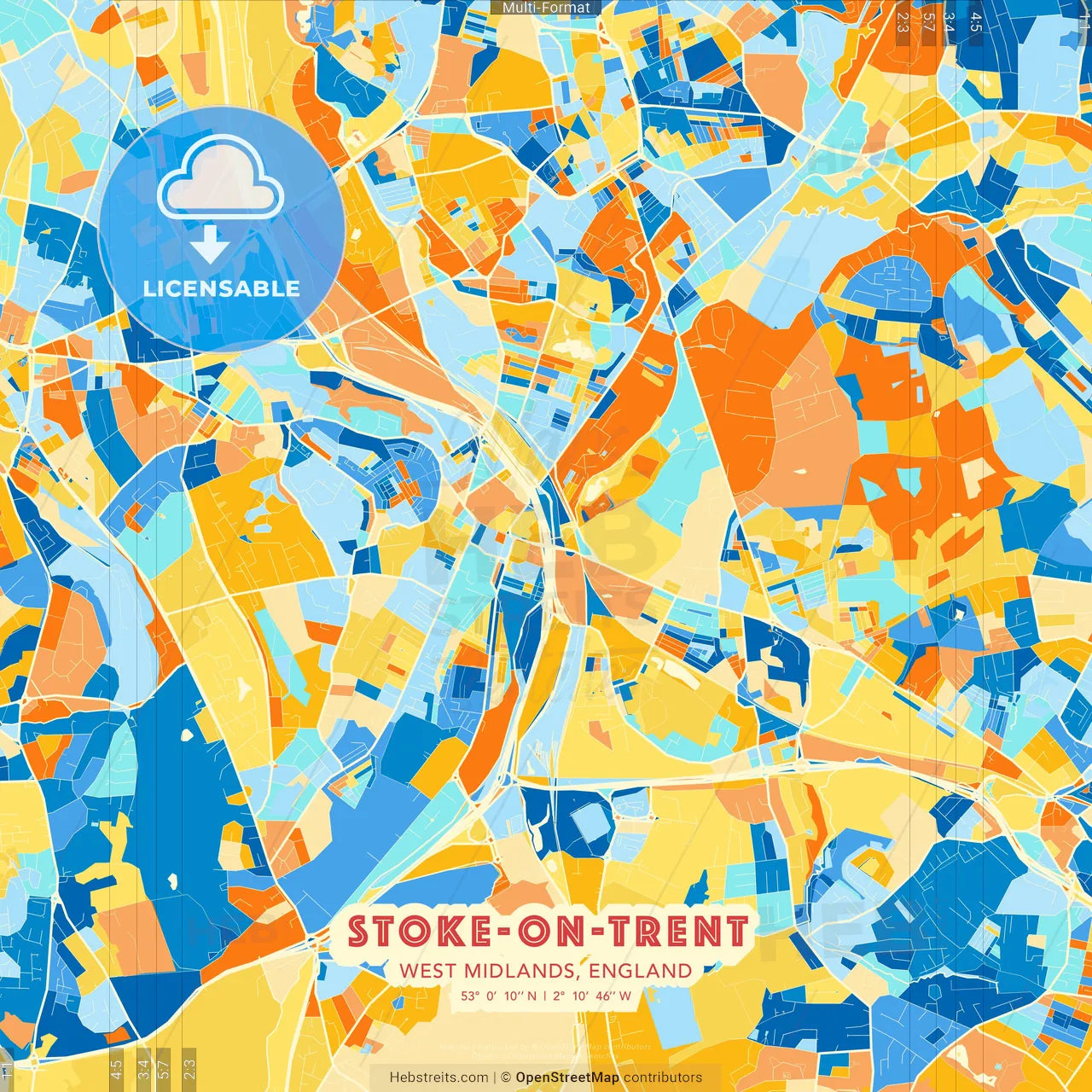 Stoke-on-Trent, West Midlands, England blue and orange vector art map template