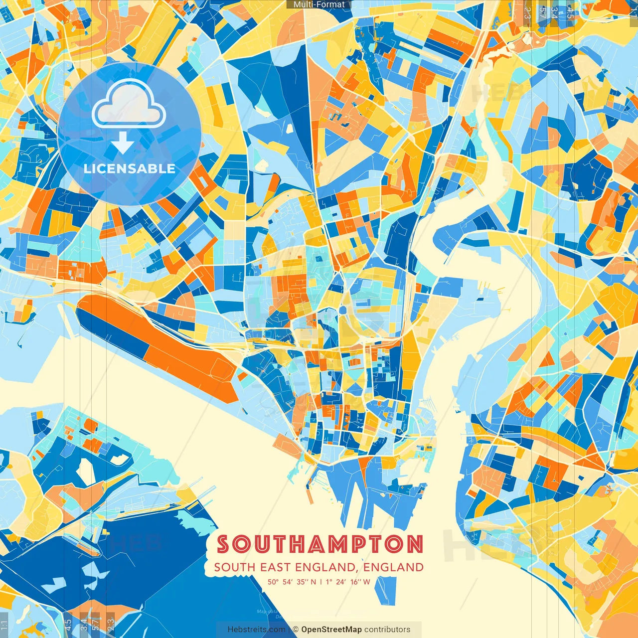 Southampton, South East England, England blue and orange vector art map template