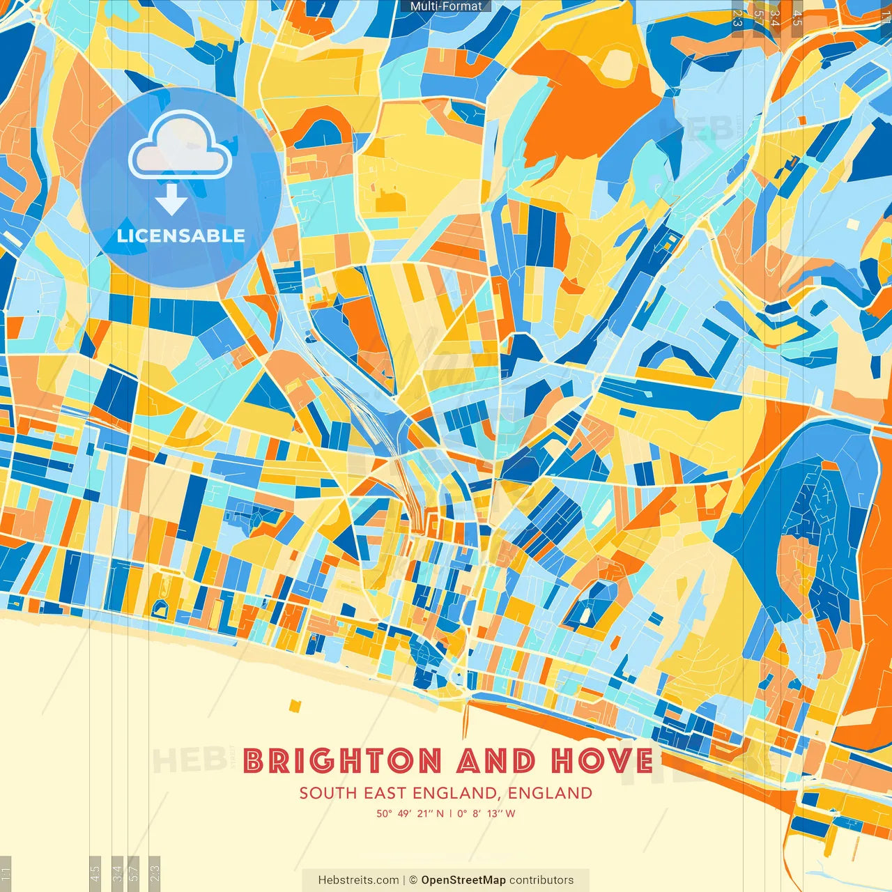 Brighton and Hove, South East England, England blue and orange vector art map template