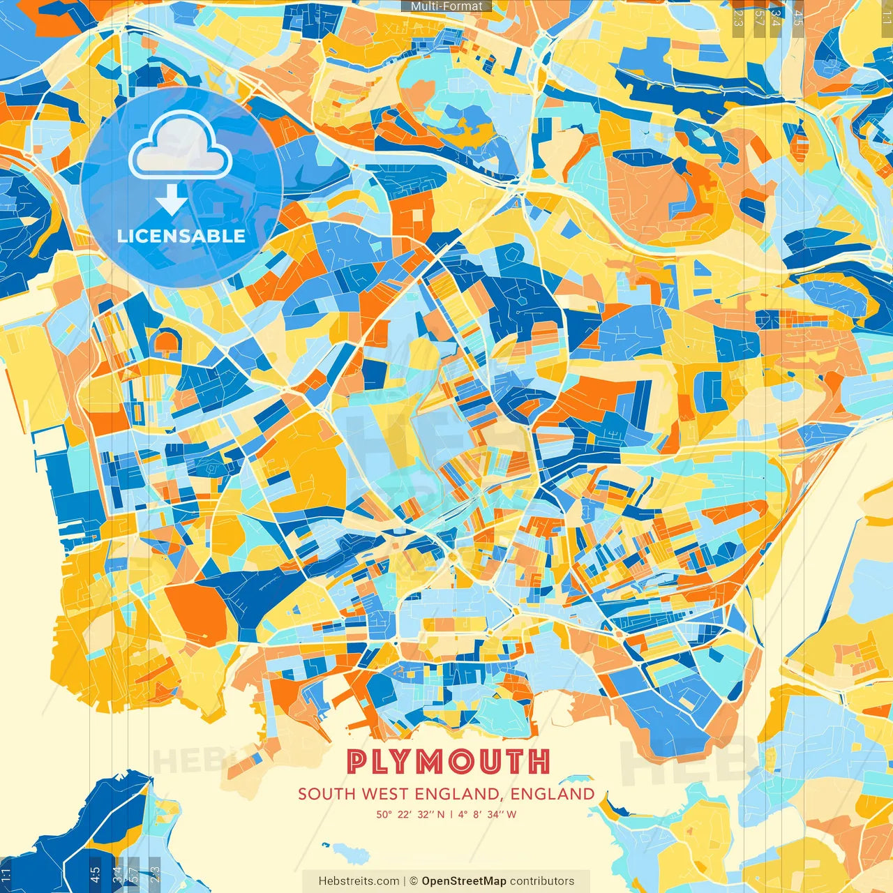 Plymouth, South West England, England blue and orange vector art map template