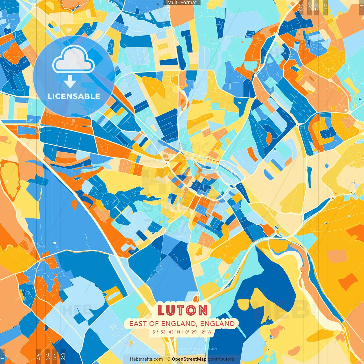 Luton, East of England, England blue and orange vector art map template