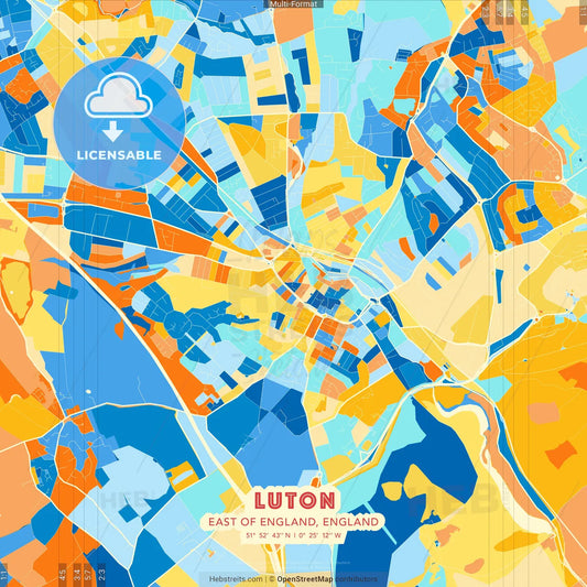 Luton, East of England, England blue and orange vector art map template