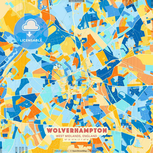 Wolverhampton, West Midlands, England blue and orange vector art map template