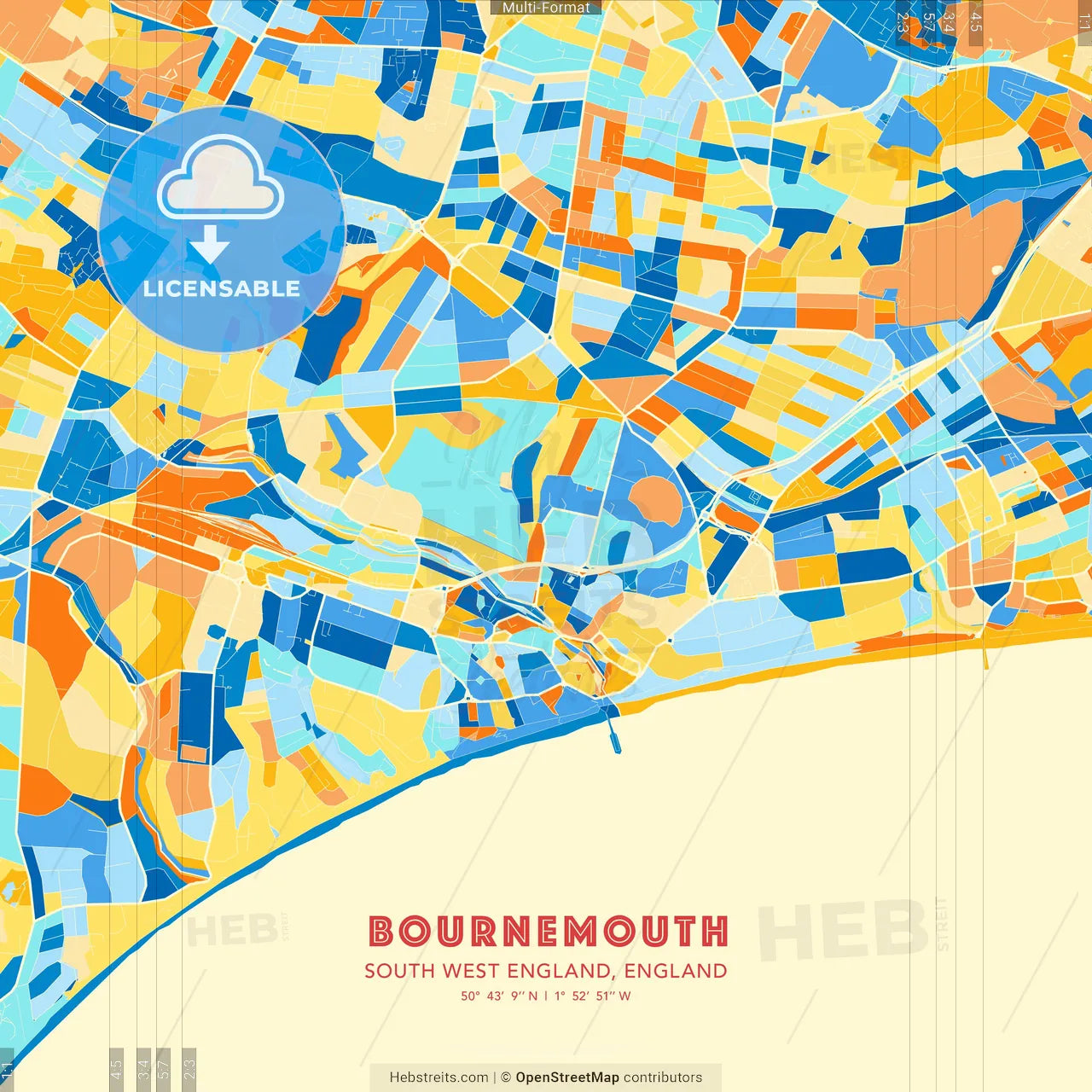 Bournemouth, South West England, England blue and orange vector art map template