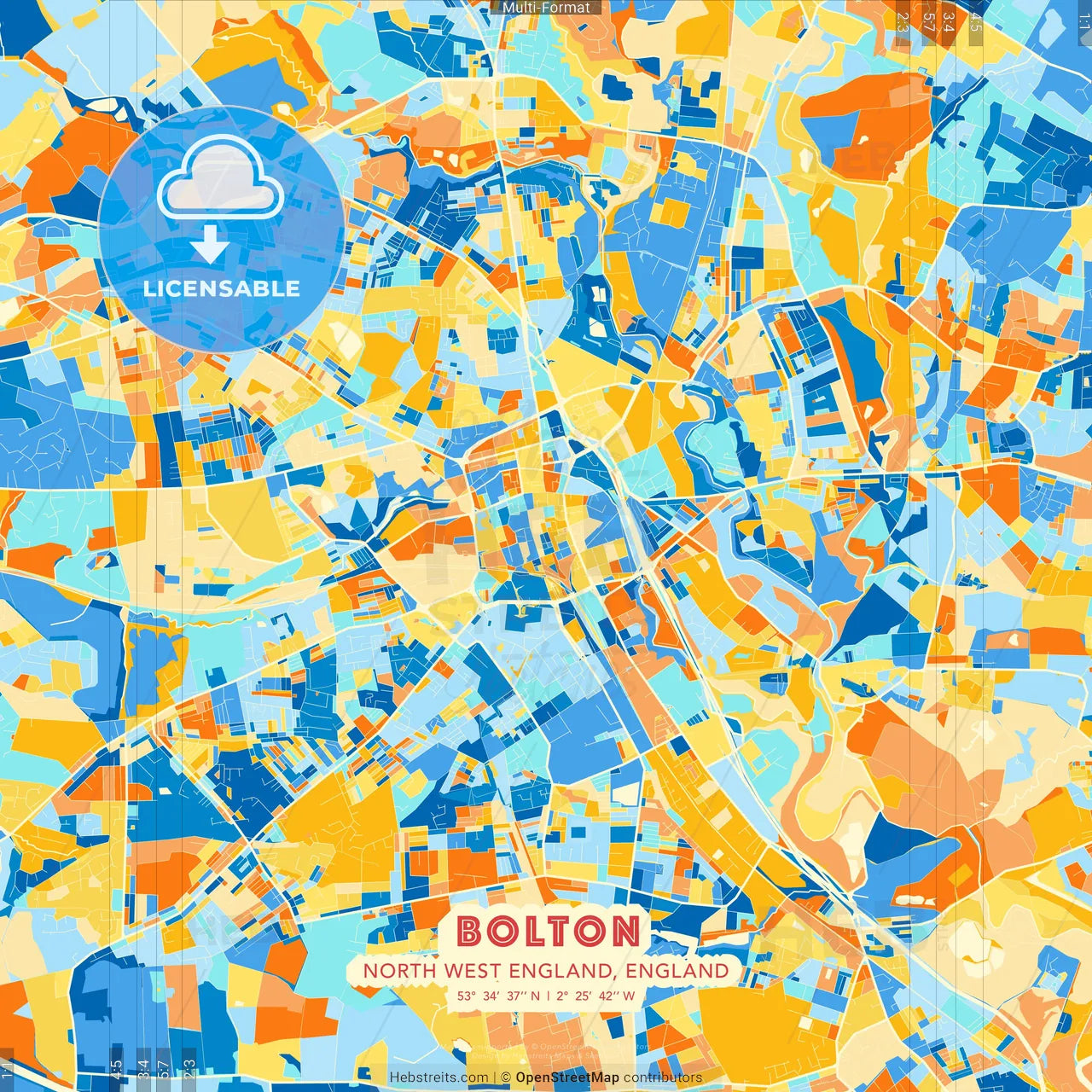 Bolton, North West England, England blue and orange vector art map template