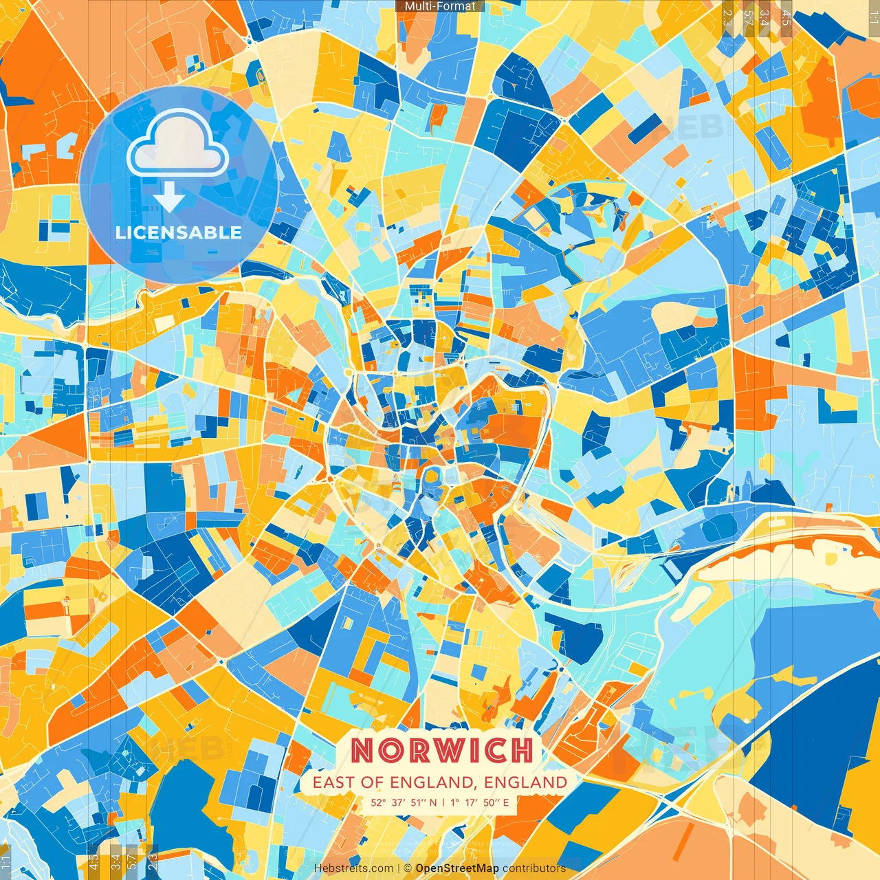 Norwich, East of England, England blue and orange vector art map template