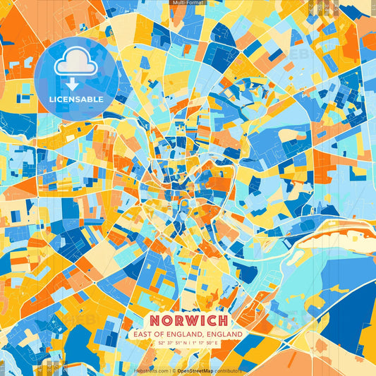 Norwich, East of England, England blue and orange vector art map template