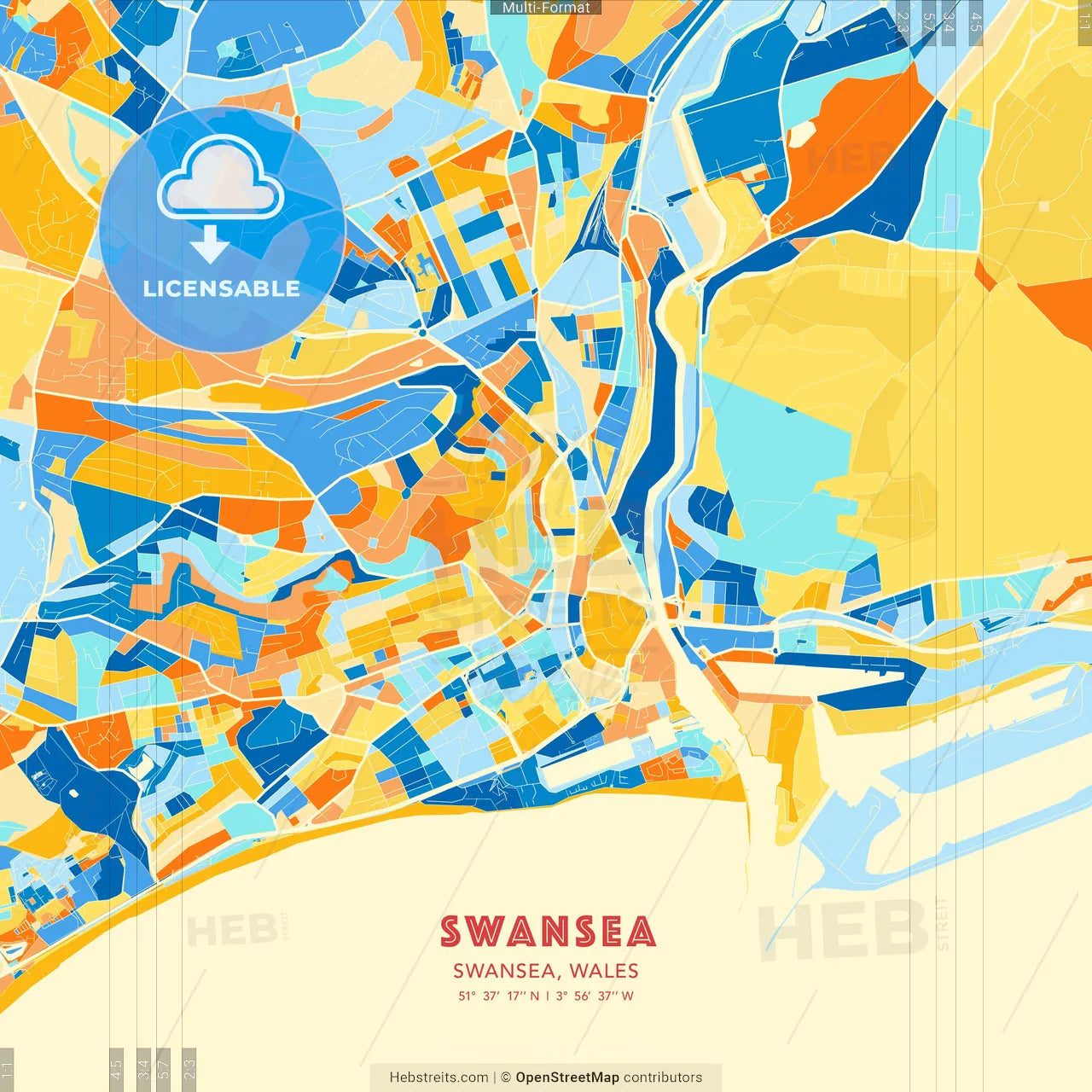 Swansea, Swansea, Wales blue and orange vector art map template