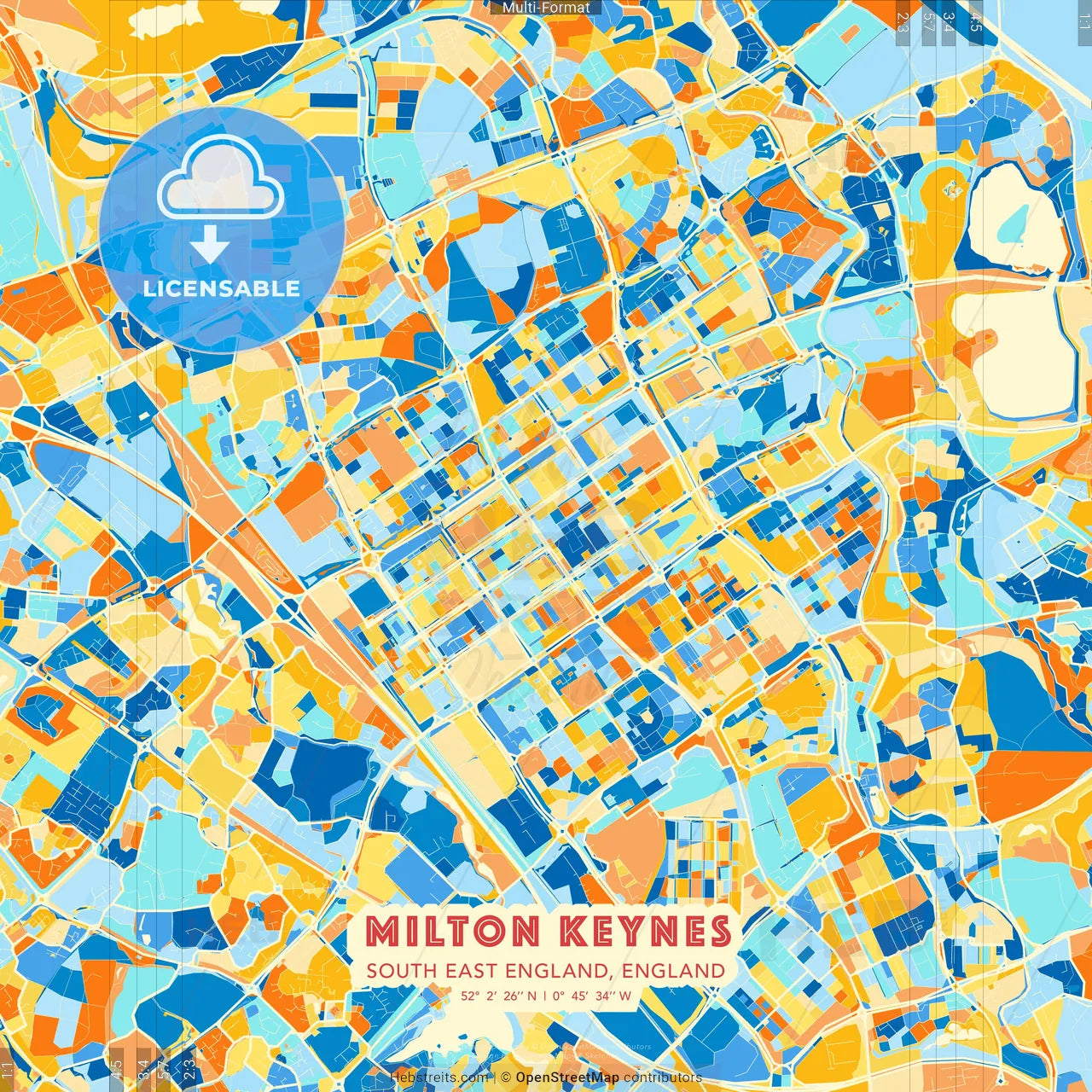 Milton Keynes, South East England, England blue and orange vector art map template