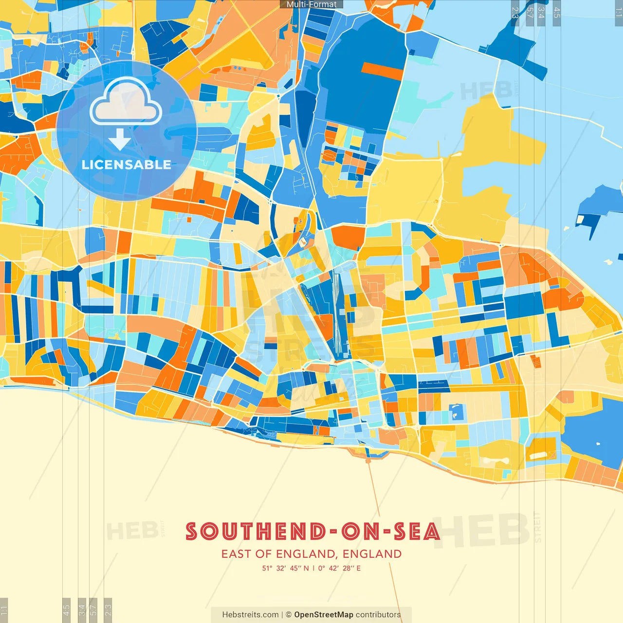 Southend-on-Sea, East of England, England blue and orange vector art map template