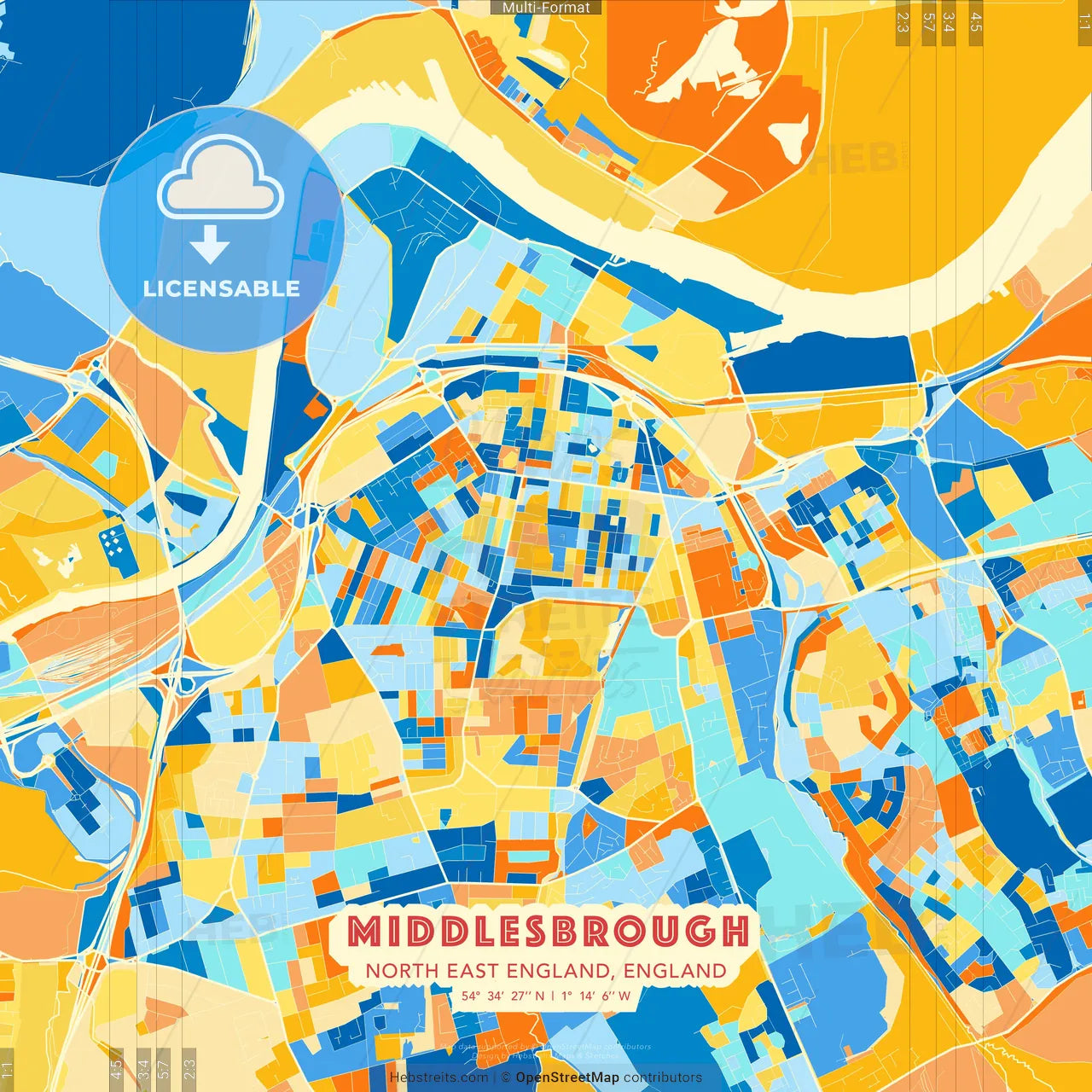 Middlesbrough, North East England, England blue and orange vector art map template