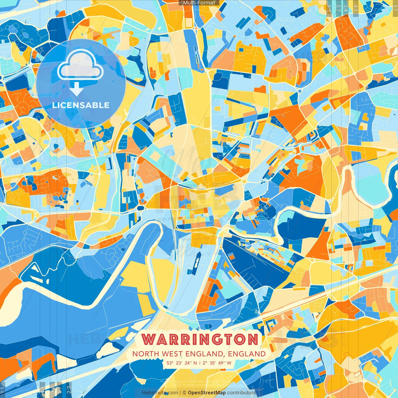 Warrington, North West England, England blue and orange vector art map template