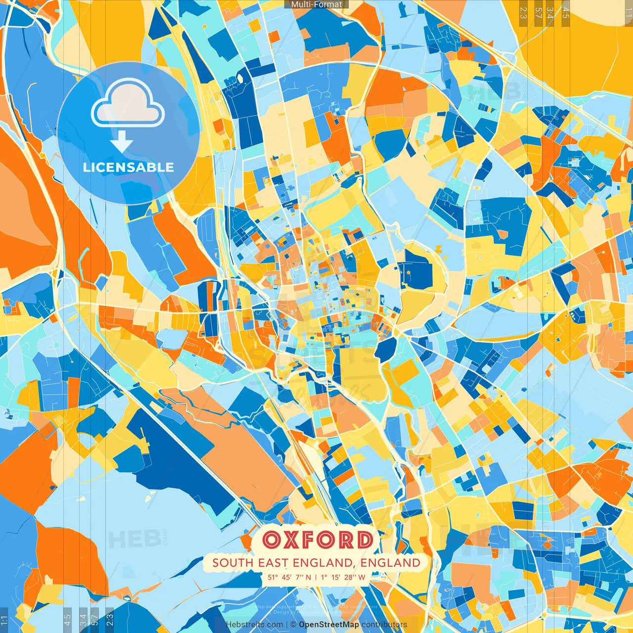 Oxford, South East England, England blue and orange vector art map template