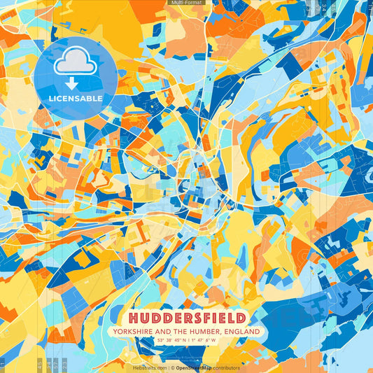Huddersfield, Yorkshire and the Humber, England blue and orange vector art map template