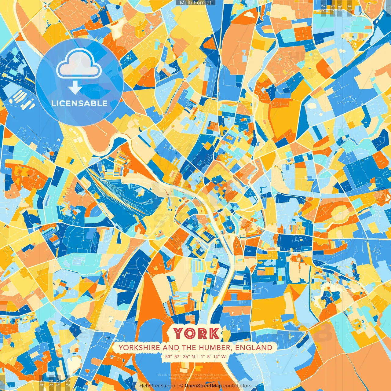 York, Yorkshire and the Humber, England blue and orange vector art map template