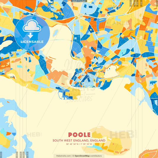 Poole, South West England, England blue and orange vector art map template