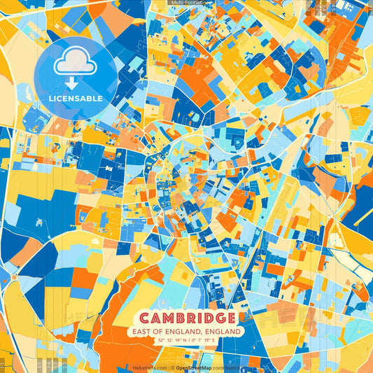 Cambridge, East of England, England blue and orange vector art map template