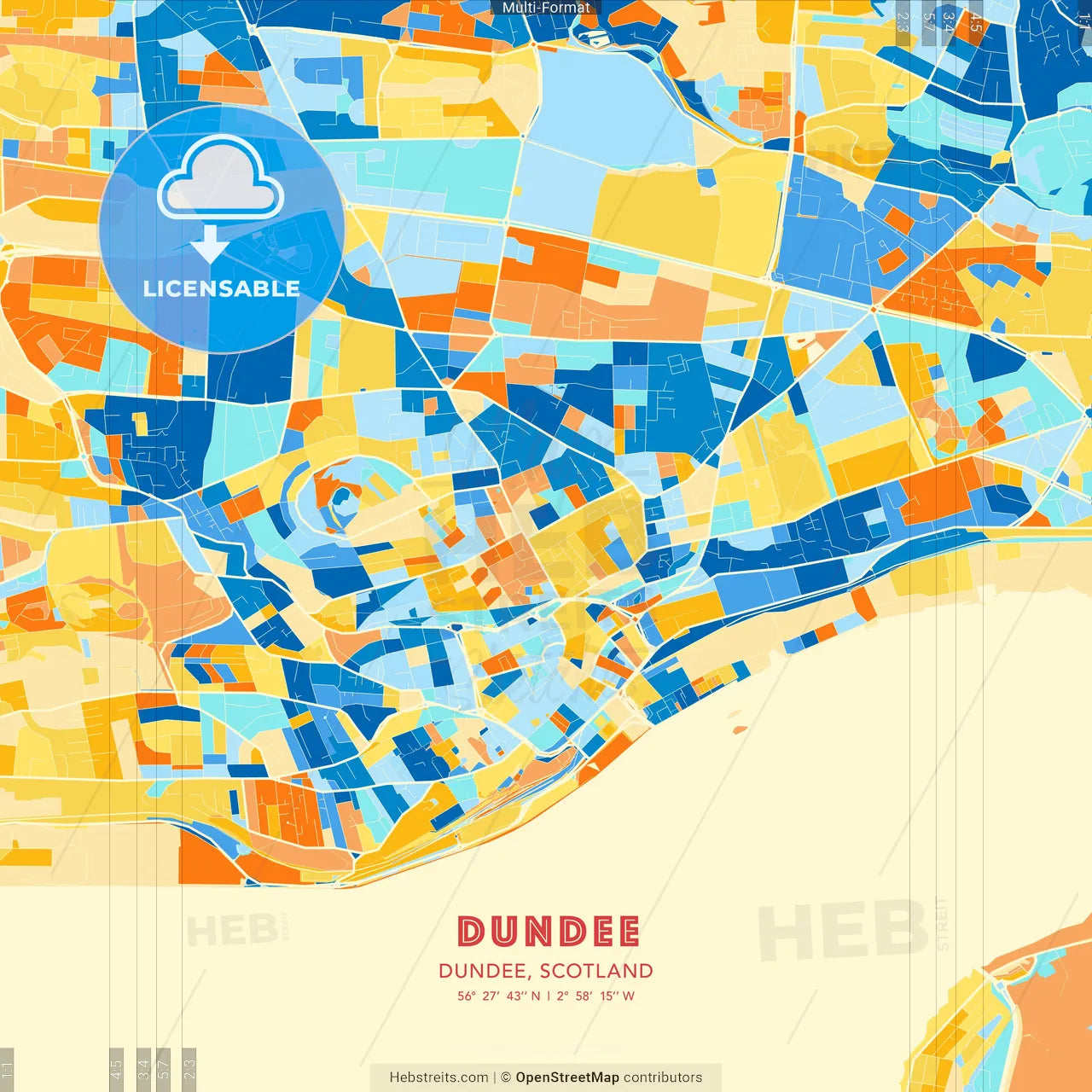 Dundee, Dundee, Scotland blue and orange vector art map template