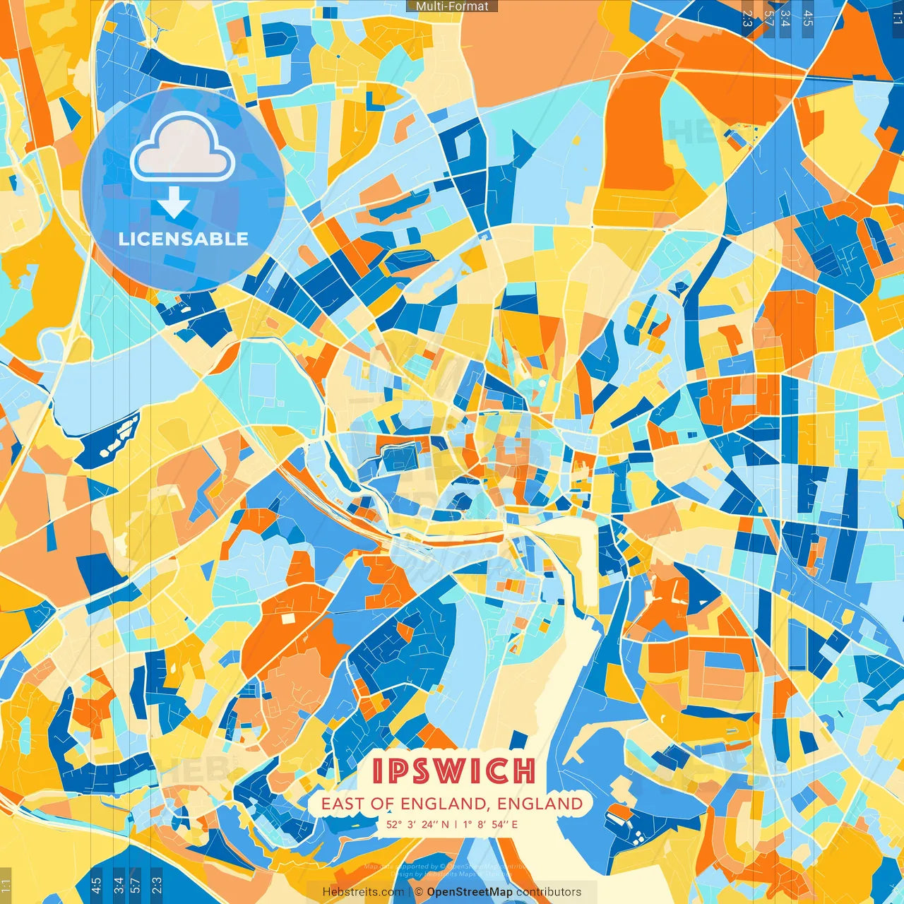 Ipswich, East of England, England blue and orange vector art map template