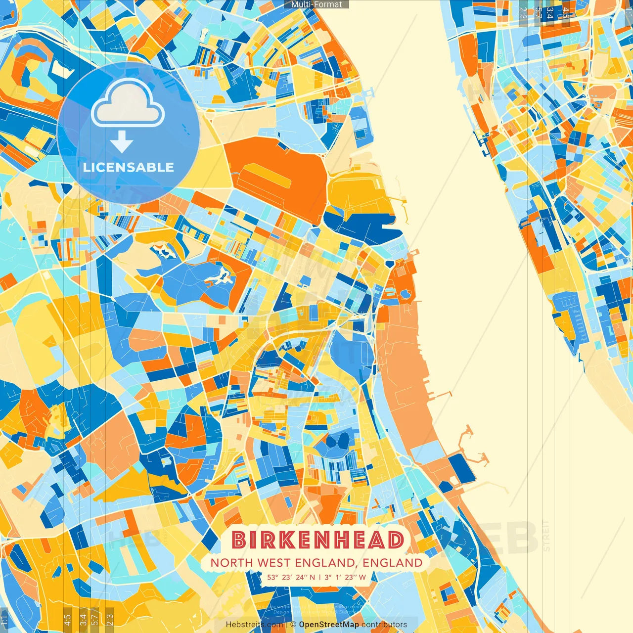 Birkenhead, North West England, England blue and orange vector art map template