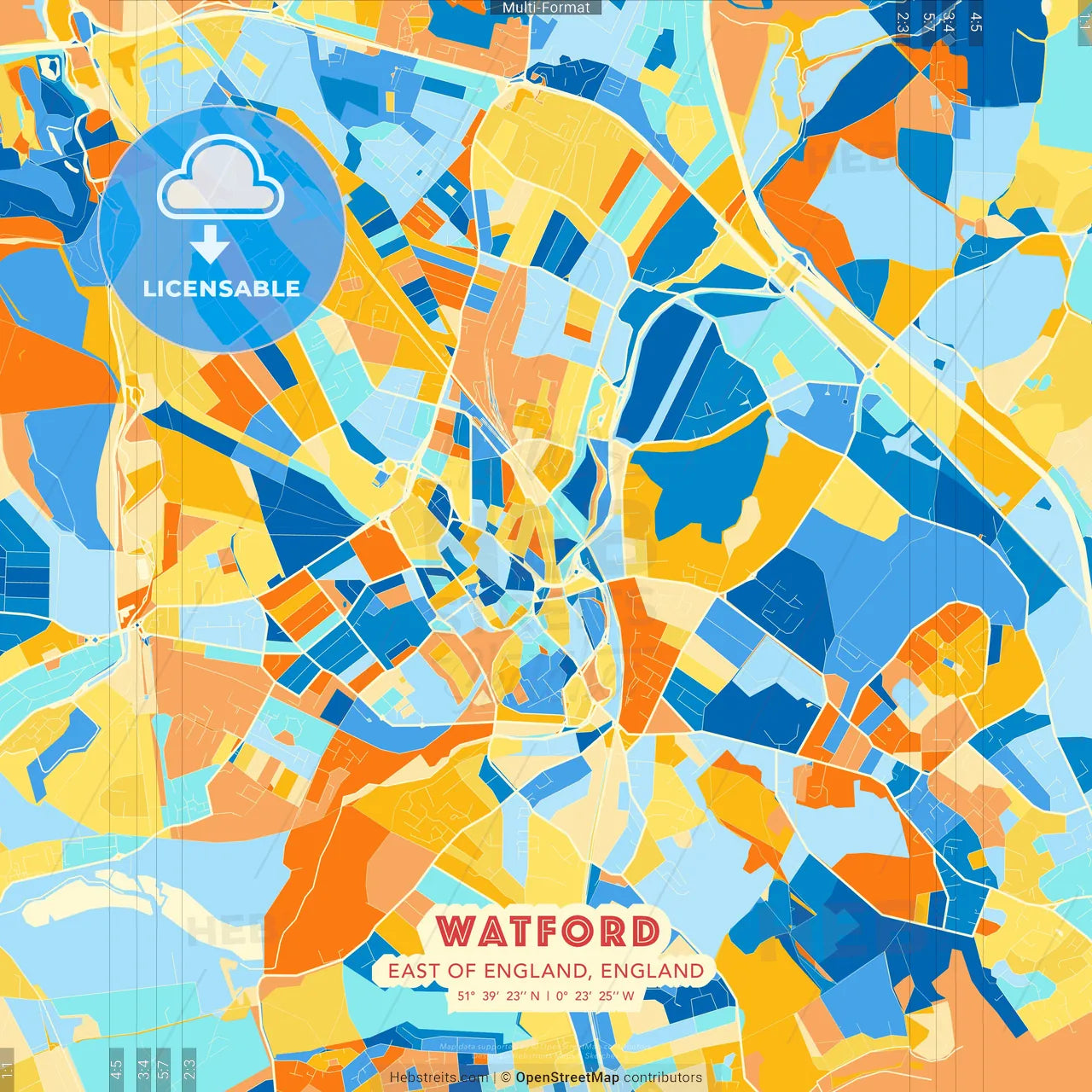 Watford, East of England, England blue and orange vector art map template