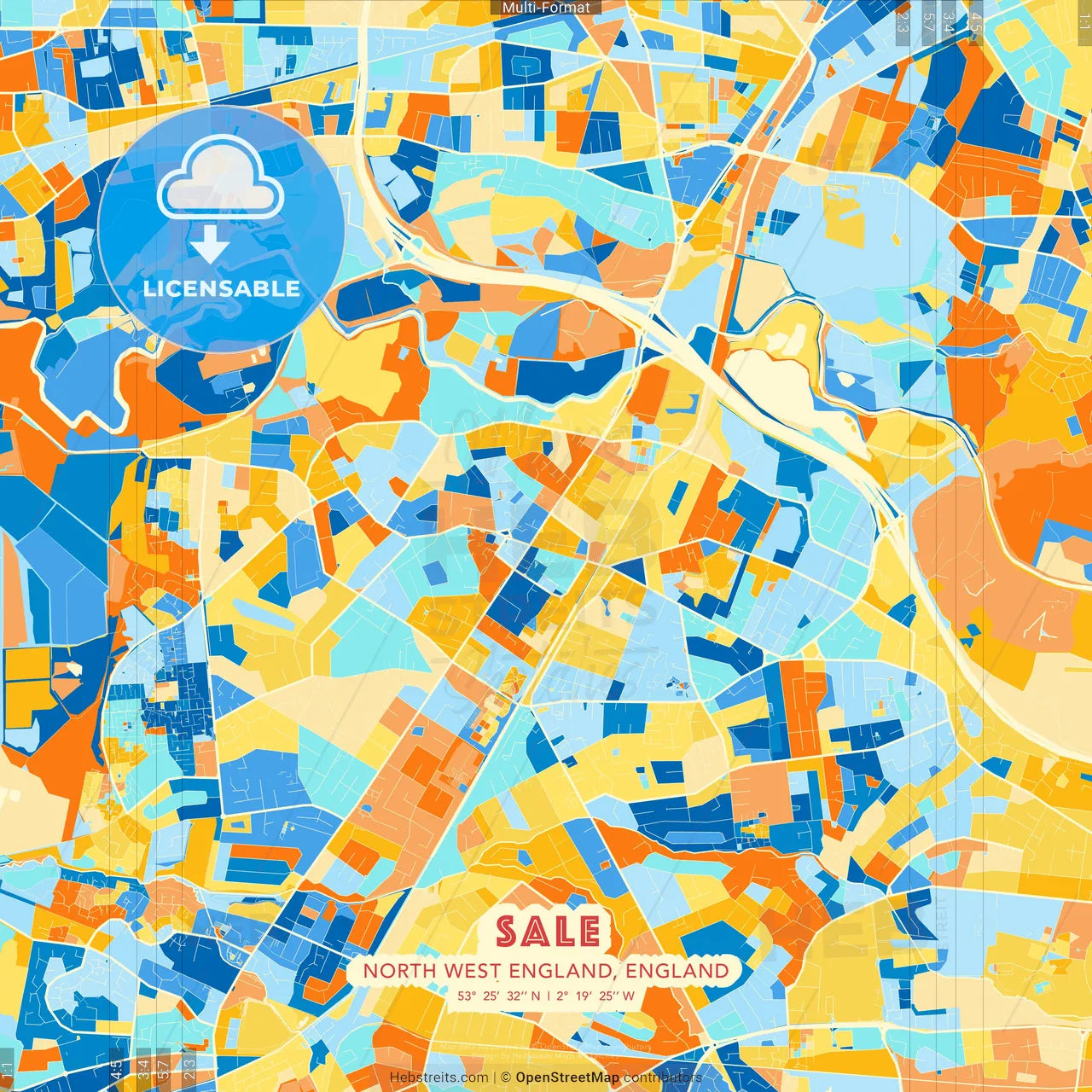 Sale, North West England, England blue and orange vector art map template
