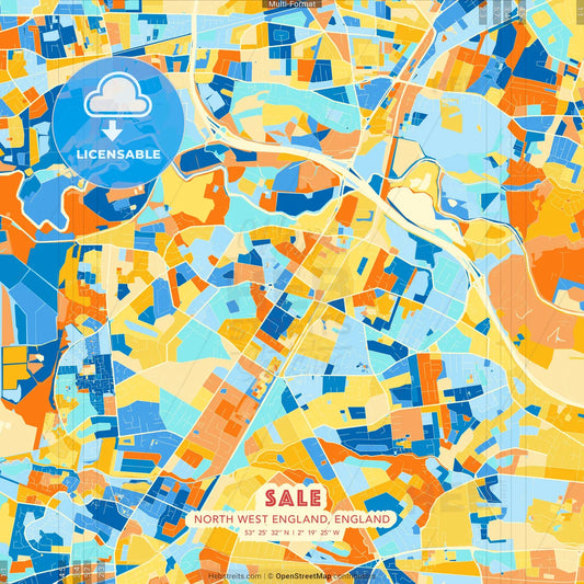 Sale, North West England, England blue and orange vector art map template