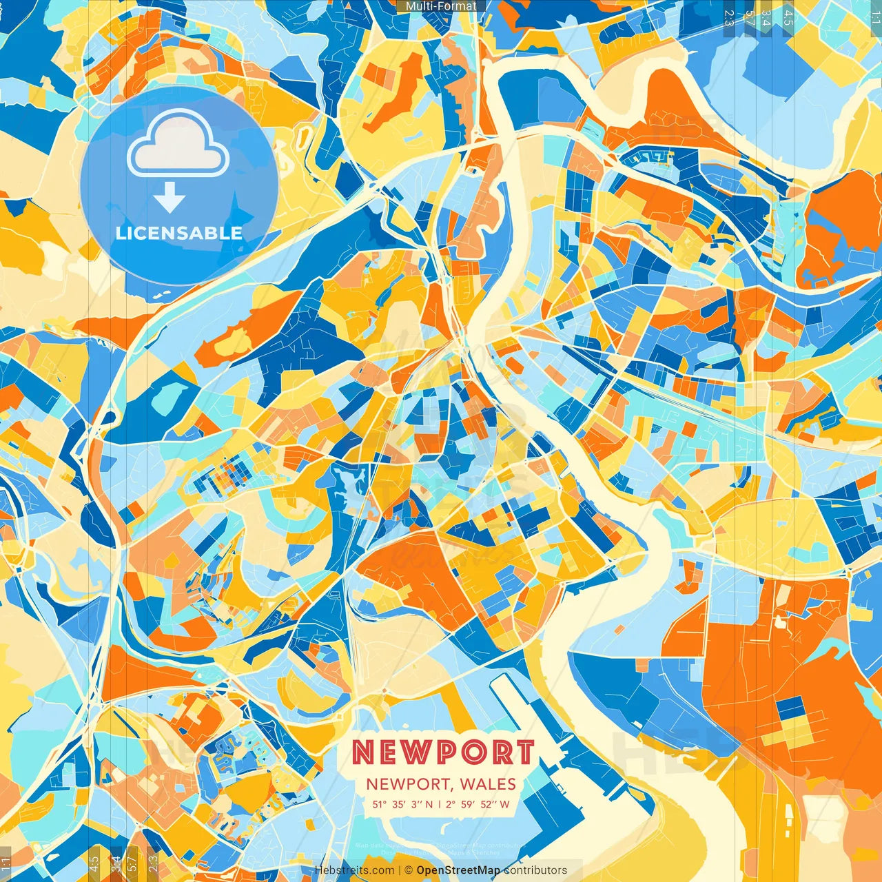 Newport, Newport, Wales blue and orange vector art map template