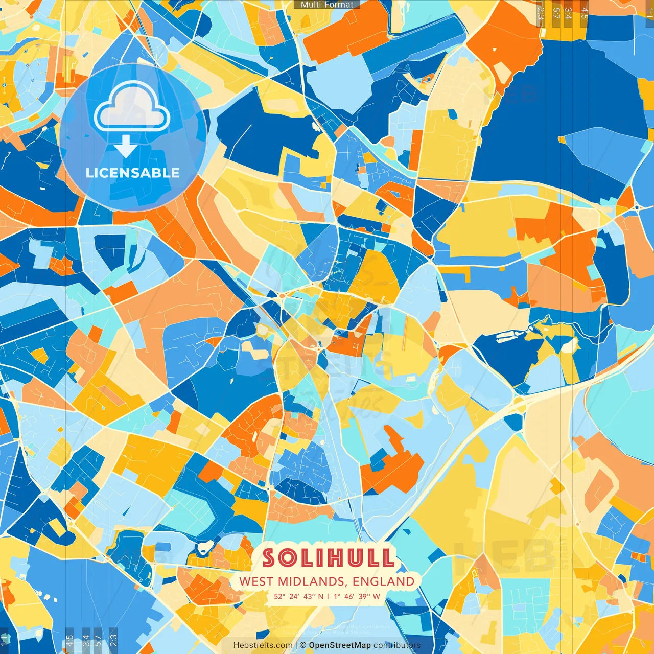 Solihull, West Midlands, England blue and orange vector art map template