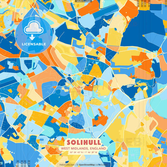 Solihull, West Midlands, England blue and orange vector art map template