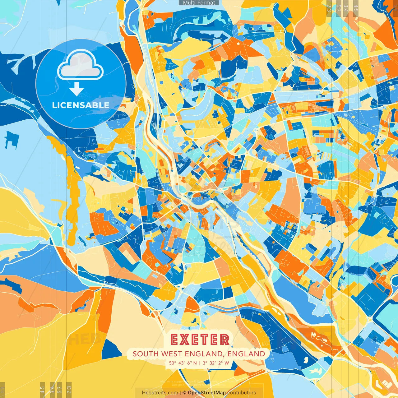 Exeter, South West England, England blue and orange vector art map template