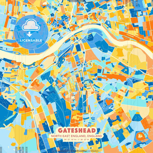 Gateshead, North East England, England blue and orange vector art map template