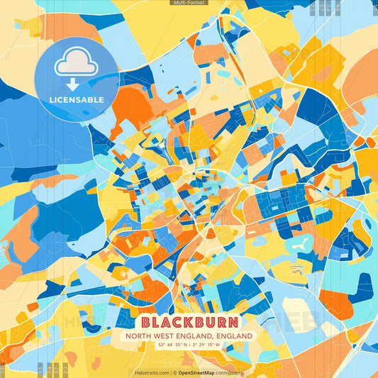Blackburn, North West England, England blue and orange vector art map template