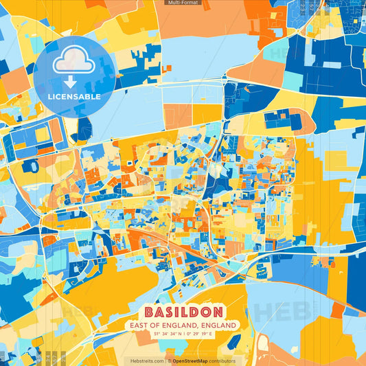 Basildon, East of England, England blue and orange vector art map template