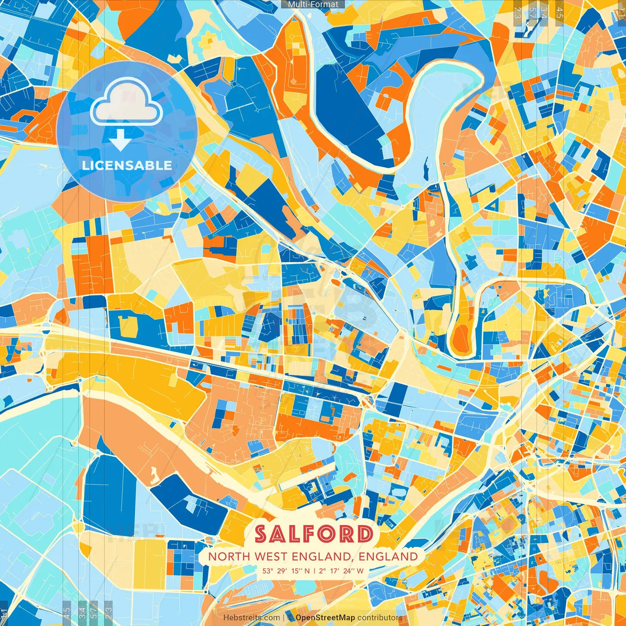 Salford, North West England, England blue and orange vector art map template