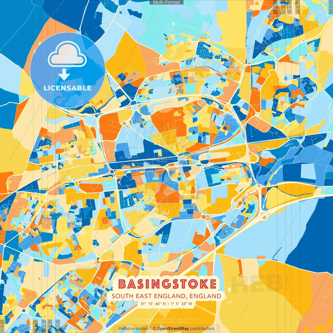 Basingstoke, South East England, England blue and orange vector art map template
