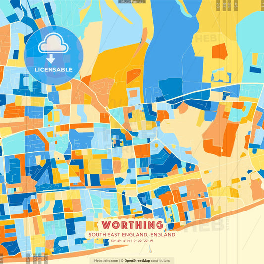 Worthing, South East England, England blue and orange vector art map template