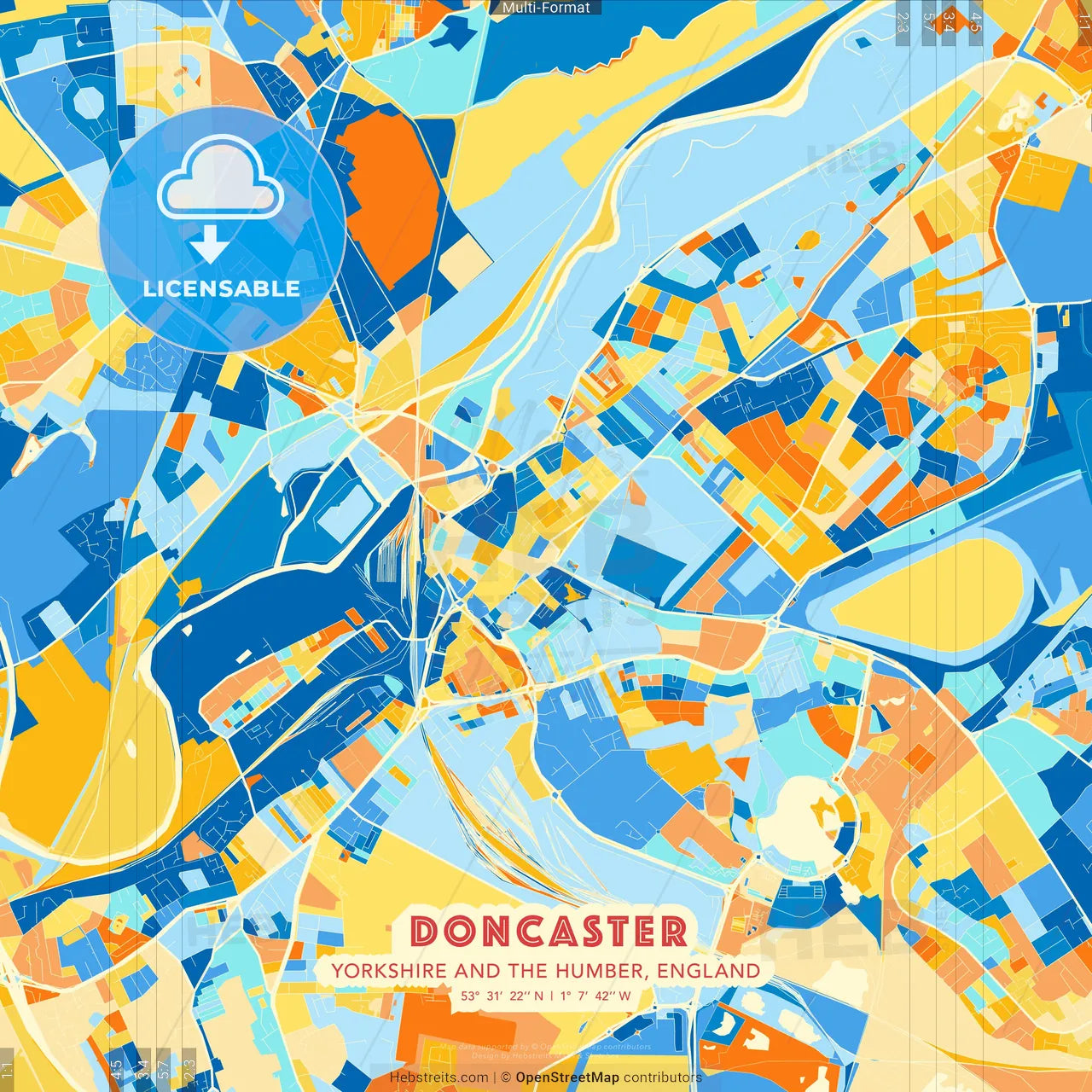 Doncaster, Yorkshire and the Humber, England blue and orange vector art map template