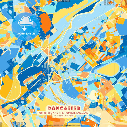 Doncaster, Yorkshire and the Humber, England blue and orange vector art map template