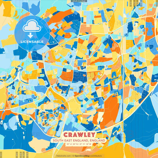 Crawley, South East England, England blue and orange vector art map template